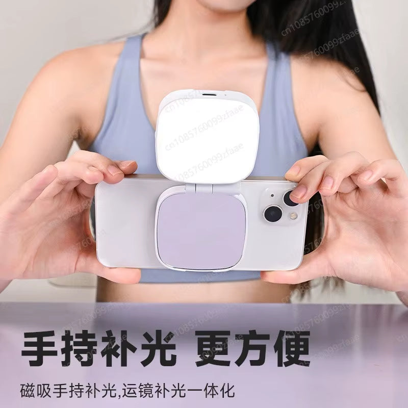 Adjustable Foldable Fill Light for Photography Video Vlog Makeup, Rechargeable Magnetic Selfie Light with Mirror Phone Holder